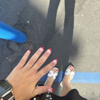 Honey Nails - Dip nail manicure with red tip & red toe pedicure - Nail Salons Near Me - Los Angeles, California Honey Nails - Dip nail manicure with red tip & red toe pedicure - Nail Salons Near Me - Los Angeles, California