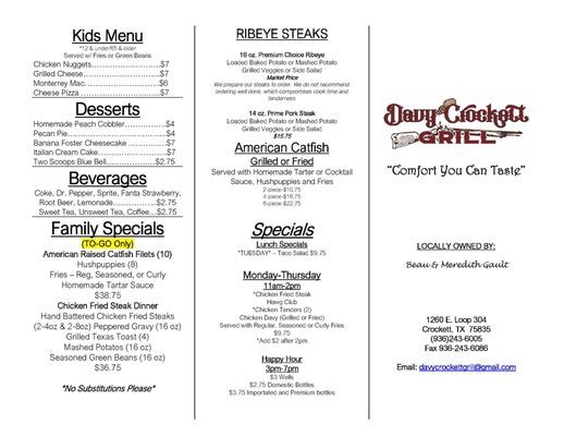 Menu photo 6 Davy Crockett Grill Crockett, TX Menu photo 6 Davy Crockett Grill Crockett, TX