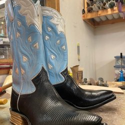Sorrell Custom Boots - A beautiful pair of bespoke cowboy boots in the studio being made by bespoke cowboy boot maker Flora Knight.