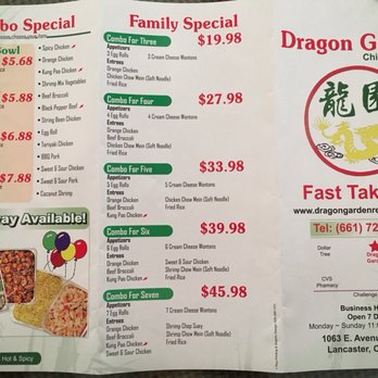 Dragon Garden Chinese Cuisine - Menu - front side - July 2017 - Chinese Near Me - Lancaster, California