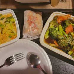 Shrimp and broccoli, 2 egg rolls, veggie fried rice