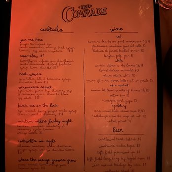 The Comrade - a menu for a restaurant - Lounges Near Me - Toronto, Ontario The Comrade - a menu for a restaurant - Lounges Near Me - Toronto, Ontario