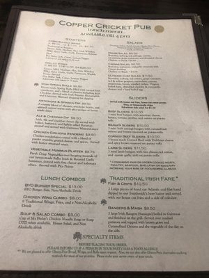 Menu photo 7 Copper Cricket Pub Sanford, NC
