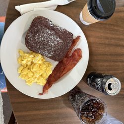 Cheeky Cafe - Cheeky French Toast Brunch with banana and chocolate, eggs, and bacon