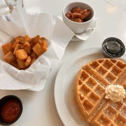 Waffle, potatoes, chicken sausage Waffle, potatoes, chicken sausage