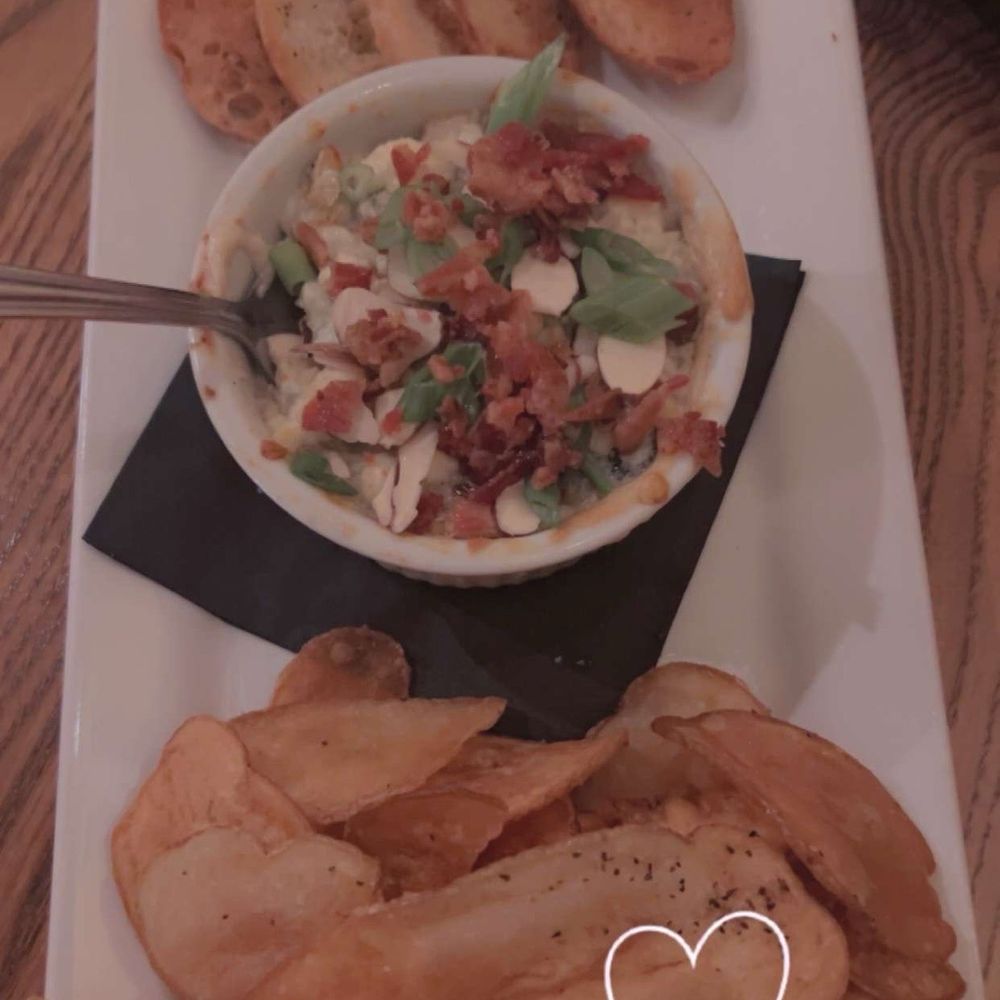 Elle & Jack's - Blue cheese and bacon dip can't remember the exact name with a crostini and baked chips - American Near Me - Wheeling, West Virginia Elle & Jack's - Blue cheese and bacon dip can't remember the exact name with a crostini and baked chips - American Near Me - Wheeling, West Virginia