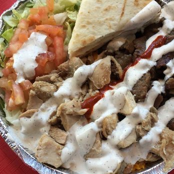 The Halal Guys - Chicken & Gyro Combo platter extra White Sauce and a dash of red. - Halal Near Me - Tempe, Arizona The Halal Guys - Chicken & Gyro Combo platter extra White Sauce and a dash of red. - Halal Near Me - Tempe, Arizona
