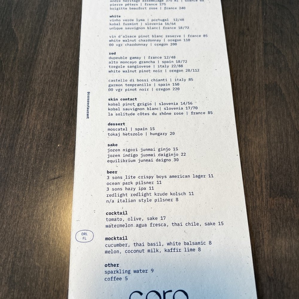 Coro Restaurant - drink menu (awesome mocktial!) - Tapas/Small Plates Near Me - Orlando, Florida Coro Restaurant - drink menu (awesome mocktial!) - Tapas/Small Plates Near Me - Orlando, Florida