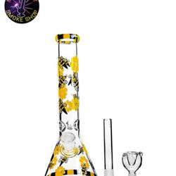 Mt Lookout Smoke Shop - BumbleBee Water Pipe - Classic Beaker enhanced with a down stem percolator that features artistic - bumblebee - imagery design.