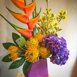 Studio Herbage Florist & Flower Delivery - Heli... what? orange heliconia, hydrangea, protea, euonymous.