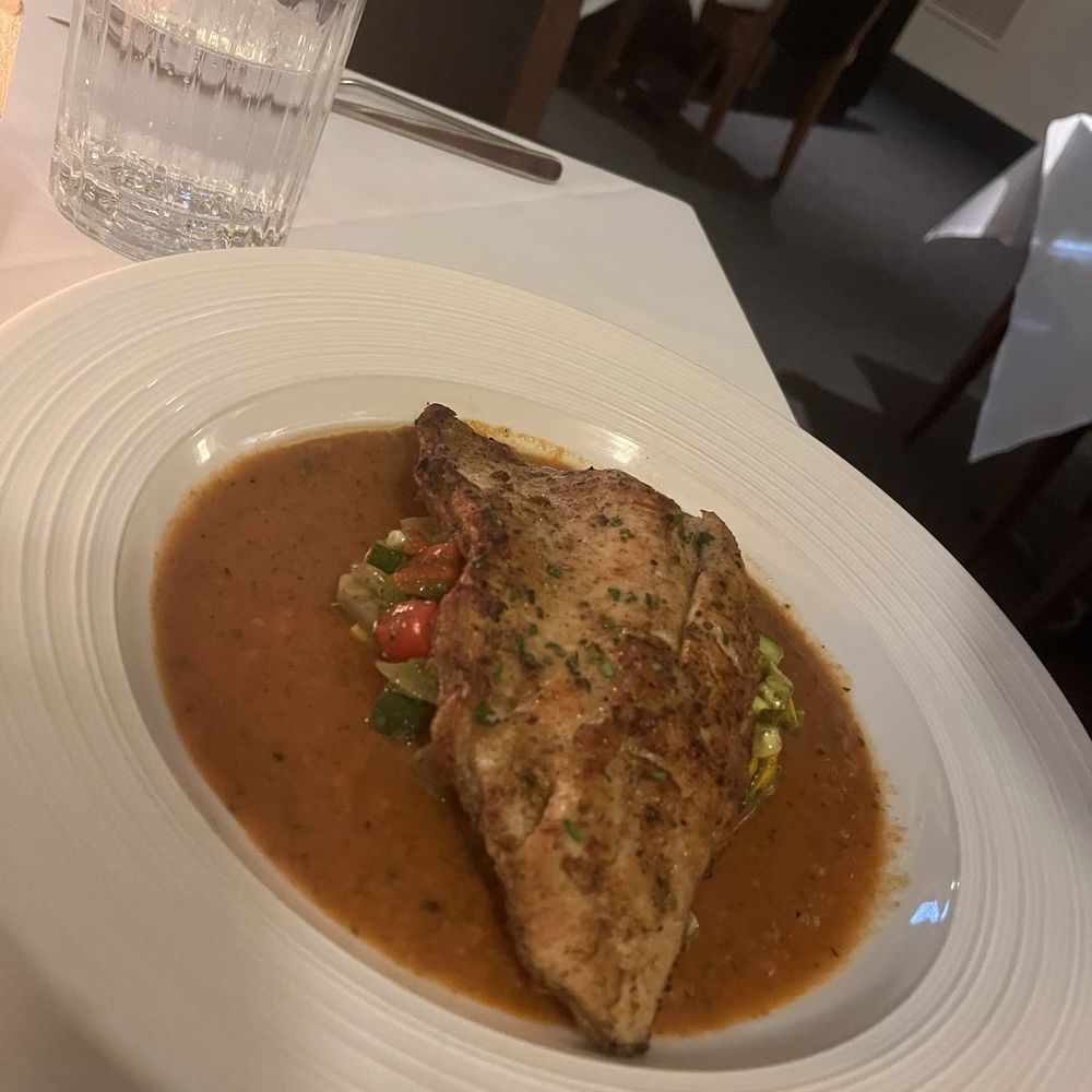John J Jeffries - Evenings fish offering: rainbow trout over corn salad on a bed of gazpacho - New American Near Me - Lancaster, Pennsylvania John J Jeffries - Evenings fish offering: rainbow trout over corn salad on a bed of gazpacho - New American Near Me - Lancaster, Pennsylvania