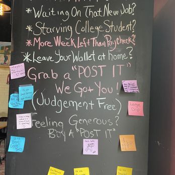 Fryeday Coffee Roasters - Donated coffee wall!  Super creative and caring community!  Enjoy a drink on us! - Coffee Roasteries Near Me - Cramerton, North Carolina