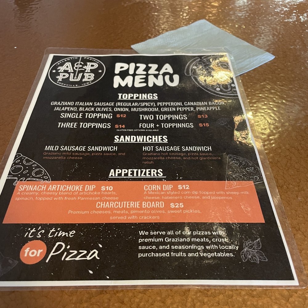 Atlantic & Pacific Pub - Short menu but pizza was tasty! - Pubs Near Me - Knoxville, Iowa Atlantic & Pacific Pub - Short menu but pizza was tasty! - Pubs Near Me - Knoxville, Iowa