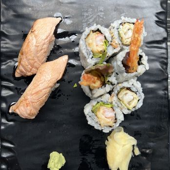 Rakuya - Seared Salmon Belly and Shrimp Tempura Roll - Sushi Bars Near Me - Washington, DC, District of Columbia Rakuya - Seared Salmon Belly and Shrimp Tempura Roll - Sushi Bars Near Me - Washington, DC, District of Columbia