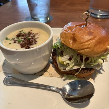Moxies St. Albert Trail Restaurant - Cheeseburger with a side of Clam Chowder - Canadian (New) Near Me - Edmonton, Alberta