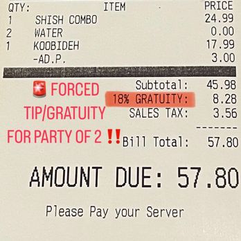 Hatam Restaurant - 18% forced tip/gratuity for poor customer service and rude behavior - Persian/Iranian Near Me - Anaheim, California