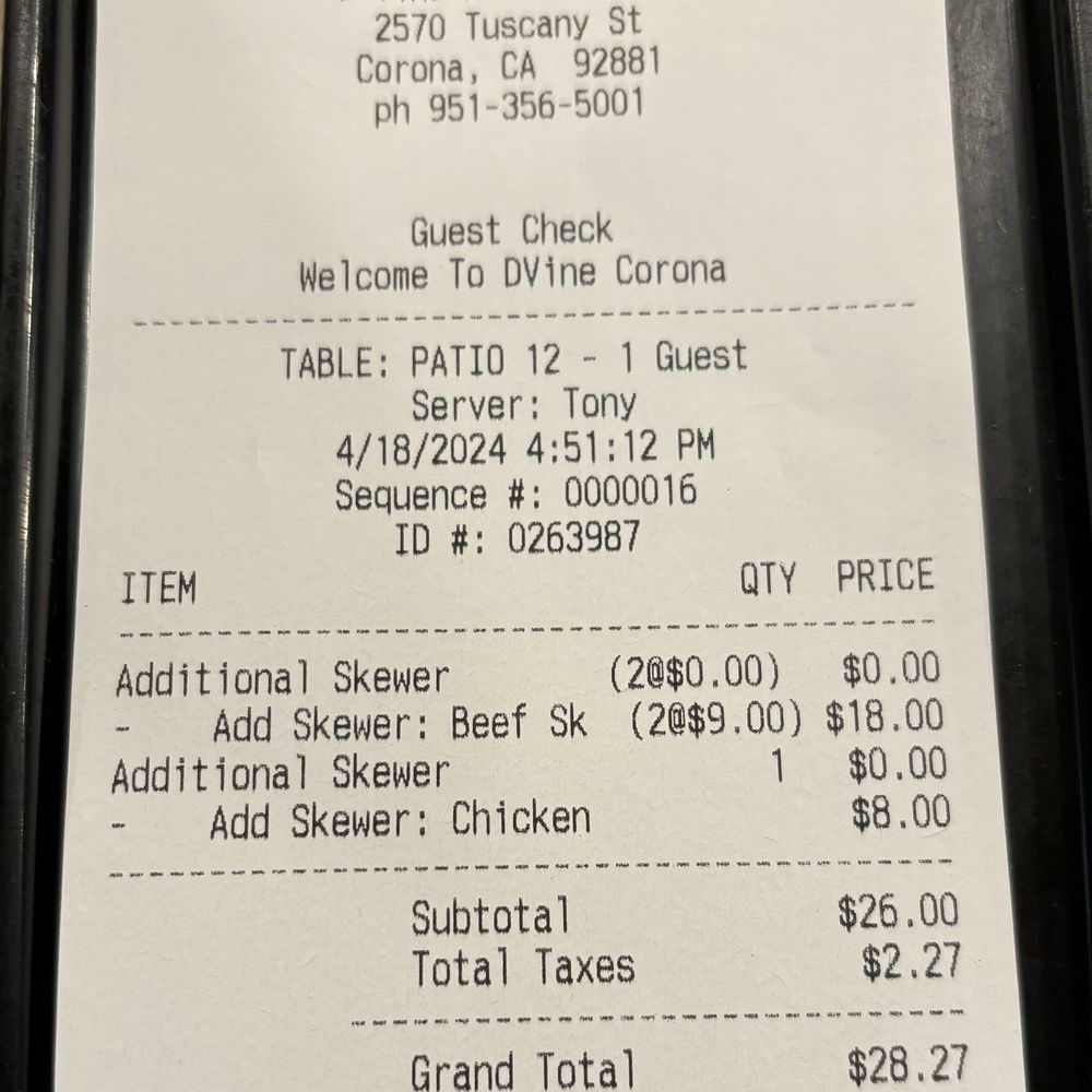 Dvine Mediterranean Experience - Corona Tuscany - Receipt - Mediterranean Near Me - Corona, California Dvine Mediterranean Experience - Corona Tuscany - Receipt - Mediterranean Near Me - Corona, California