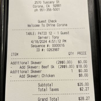 Dvine Mediterranean Experience - Corona Tuscany - Receipt - Mediterranean Near Me - Corona, California