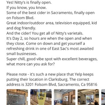 Nitty’s Cider - My Yelp review for here that Yelp assigned to their old spot. I was first to review 2 months ago - Cideries Near Me - Sacramento, California