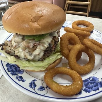 J & A's Cafe - J & A Colossal Burger w/ onion rings and BBQ on side - Cafes Near Me - Duarte, California