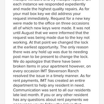 IMT Stevenson Ranch - IMT blatantly lying about their response to service response. - Apartments Near Me - Stevenson Ranch, California