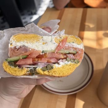 Schneider Deli - Sandwich with fresh veggies, salmon, and dill cream cheese - Bagels Near Me - Chicago, Illinois