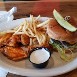 Velocity Wings - Monday lunch special.  Burger, fries and 5 wings for $9.99.  A pretty good deal for a perfectly cooked burger(add cheddar for $1)