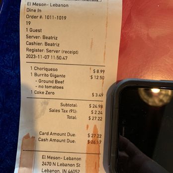 El Meson - Receipt - Mexican Near Me - Lebanon, Indiana