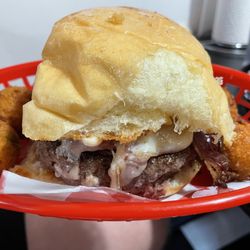 Bergstrom's Burgers - The Bacon Racelette Burger served w/4 hushpuppies. $17.00 (no side).  (2025)