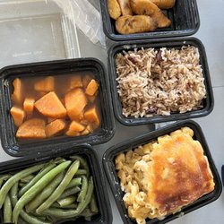 Sweet Royalty Grill - sides of green Steam String Beans without Bacon, Bake Mac N Cheese,  Candied Yams, Fried Plantain & rice and peas