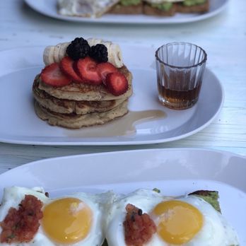 Fresco's - Avocado Toast add fried egg + Banana & Coconut Pancakes - amazing! - Mexican Near Me - Tulum, ROO Fresco's - Avocado Toast add fried egg + Banana & Coconut Pancakes - amazing! - Mexican Near Me - Tulum, ROO