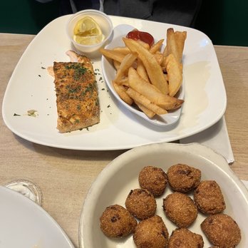 Oyster House - Salmon and side of hush puppies - Seafood Near Me - Pine Mountain, Georgia Oyster House - Salmon and side of hush puppies - Seafood Near Me - Pine Mountain, Georgia