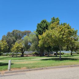 Slightly narrow, long, spread-out sections of grass throughout the park. The fenced area in the back is a tennis court.