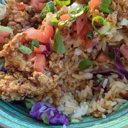 Honey chicken bowl with ... Brown rice?   That sure looks like white rice to me which they said they were out of, we were charged for brown