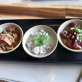 Monkeypod Kitchen - Raw bar mixed plate ($22.95 | From R to L:  Ahi poke, poisson cru & tako poke) only good thing was ahi poke - New American Near Me - Lahaina, Hawaii