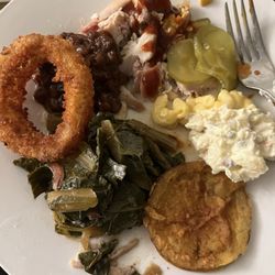 Full Moon BBQ - Fried Green Tomatoes, collard greens, Creamy Mac & Cheese Potato Salad, BBQ Chicken, Onion Rings