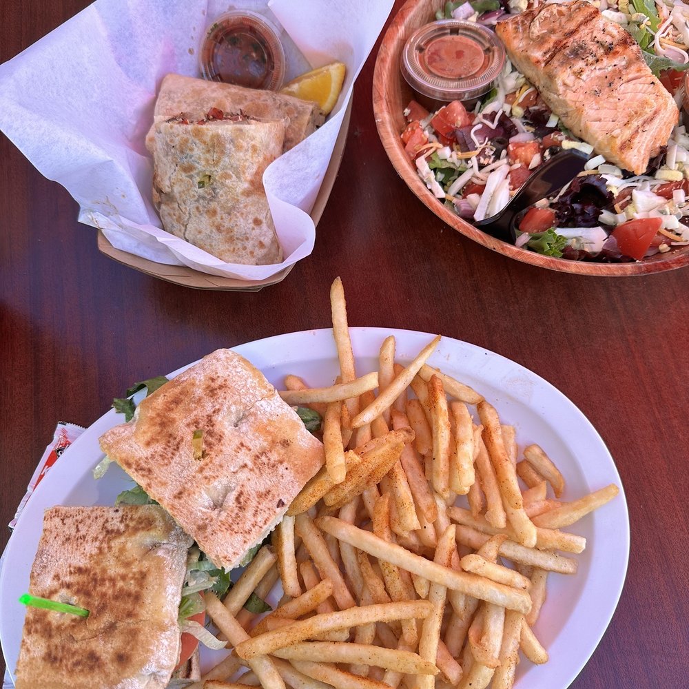 Sidewalk Cafe - Grilled chicken sandwich with fries, steak and eggs breakfast burrito, salmon salad - Salad Near Me - Arroyo Grande, California