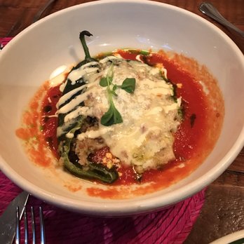Tacuba Hell's Kitchen - Chile relleno. It has quinoa in it, which makes it way more filling. The poblano pepper has no spice to it unless you ask. - Mexican Near Me - New York, New York