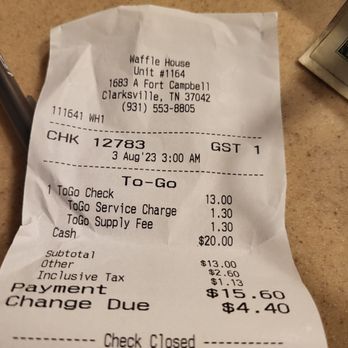 Waffle House - a receipt for a restaurant - Diners Near Me - Clarksville, Tennessee
