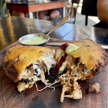 Hola Arepas - Empanada heaven loaded with braised beef, seared plantains, black beans and melted cheese! - Puerto Vallarta, JAL