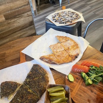 Zaatar N More - Stuffed Cheese and Zaatar, house made pickles, Veggie Plate, Garlic Chicken and Nutella Mannish! Superb! - Pizza Near Me - Northridge, California Zaatar N More - Stuffed Cheese and Zaatar, house made pickles, Veggie Plate, Garlic Chicken and Nutella Mannish! Superb! - Pizza Near Me - Northridge, California