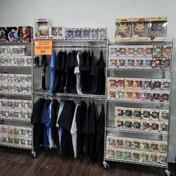 KRRJ Collectibles - T shirt rack with Funko POP!'s and statues