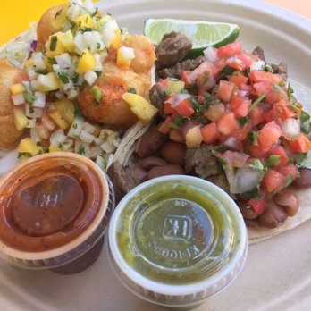 TacoBar - Baja shrimp taco + carne asada taco. The chipotle sauce (red) got a great spicy  kick! Mango salsa yumm! - Mexican Near Me - San Francisco, California