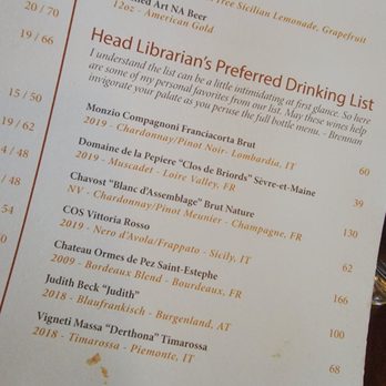 The Library - Head librarians drink list - Wine Bars Near Me - Houston, Texas