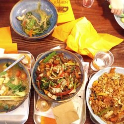 Ramen Asian Street Food - Left to right: ramen soup bowl, beef stir fry, chicken pad thai.