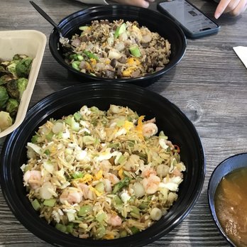 Soul Rice - XO seafood and Truffle Beef Mushroom Fried Rice, Brussels sprouts, and a bowl of Tom yum goong soup - Chinese Near Me - Pacifica, California