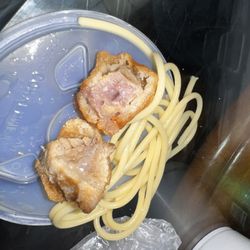 Overseas China Restaurant - Discolored chicken and spaghetti noodles, chicken looks like it's been cooked for days