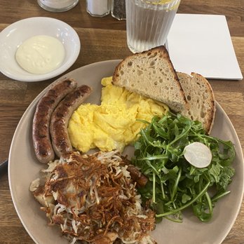 Sequoia Diner - Sausage (pork), eggs scrambled with Jack cheese, potatoes, sourdough bread and arugula! - Diners Near Me - Oakland, California