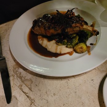 Celadon - Grilled double-cut pork chop with brussels sprouts & mashed potatoes - Seafood Near Me - Napa, California
