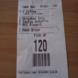 McDonald's - Clearly states 2 Sausage Egg McMuffins & 1 Bacon Egg & Cheese Biscuits.